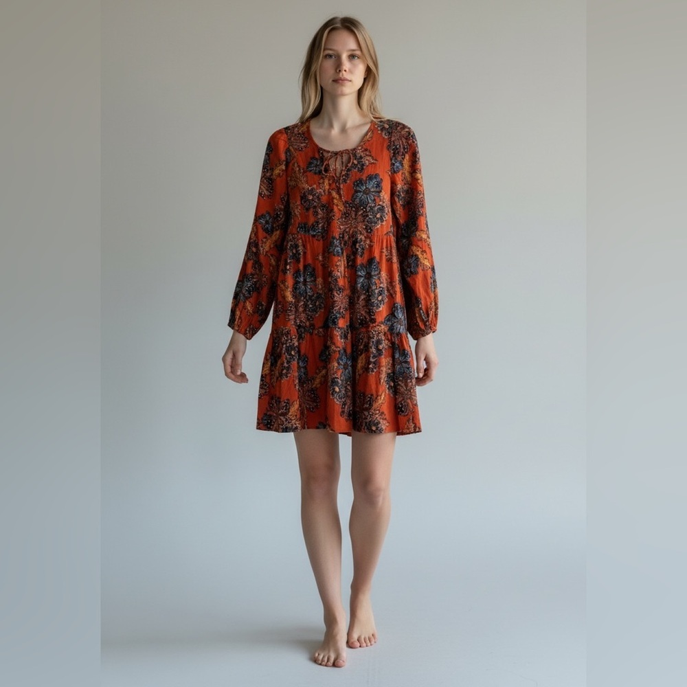 2/$30 Old Navy Tie-Neck Tiered Cotton Mini Floral Swing Dress Orange